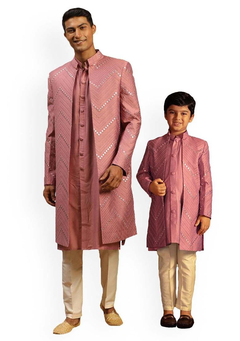 Pink Embroidered Poly Blend Indowestern Sherwani Set For Men