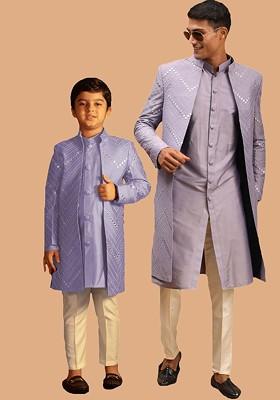 Purple Embroidered Poly Blend Indowestern Sherwani Set For Men