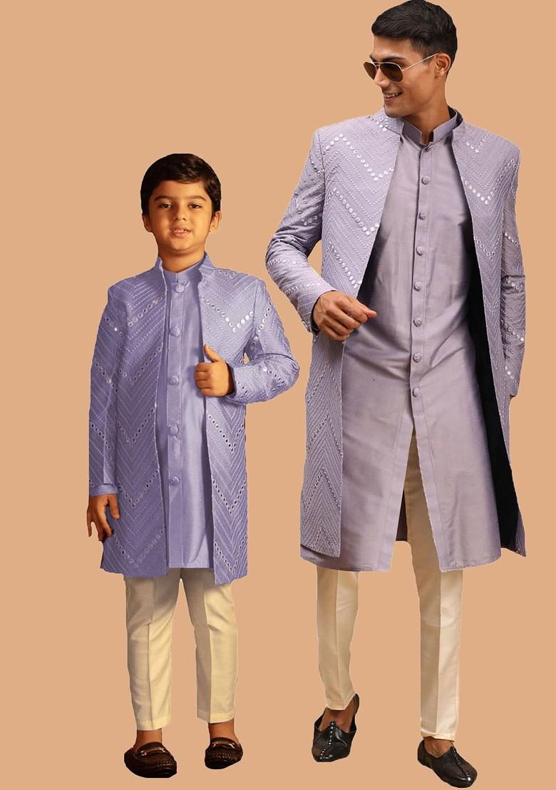 Purple Embroidered Poly Blend Indowestern Sherwani Set For Men
