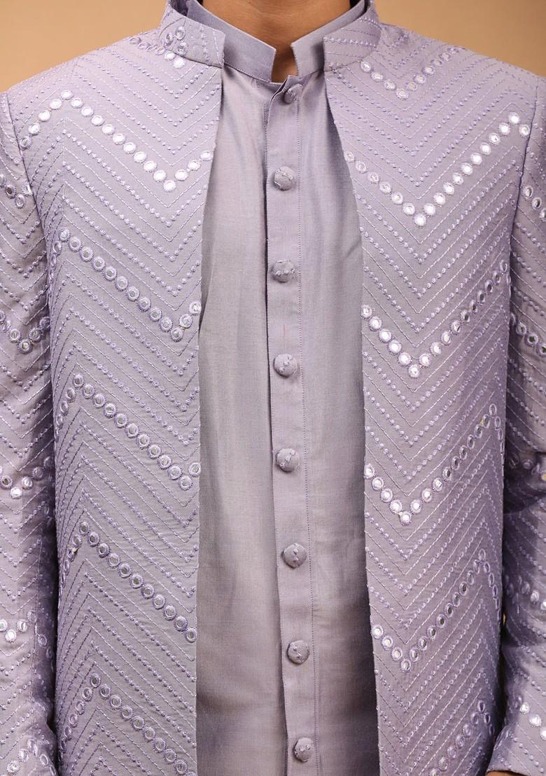 Purple Embroidered Poly Blend Indowestern Sherwani Set For Men