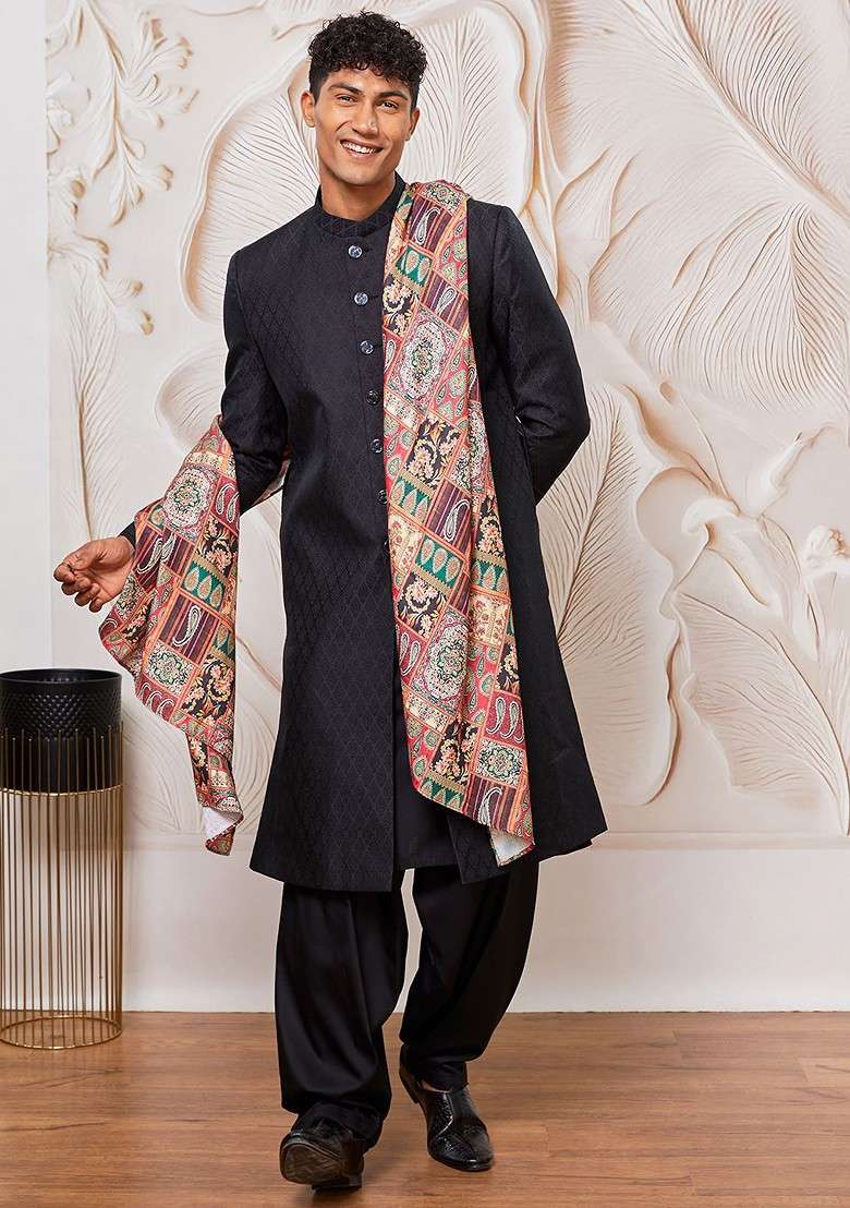 Black Embroidered Poly Blend Indowestern Sherwani Set For Men - Indya