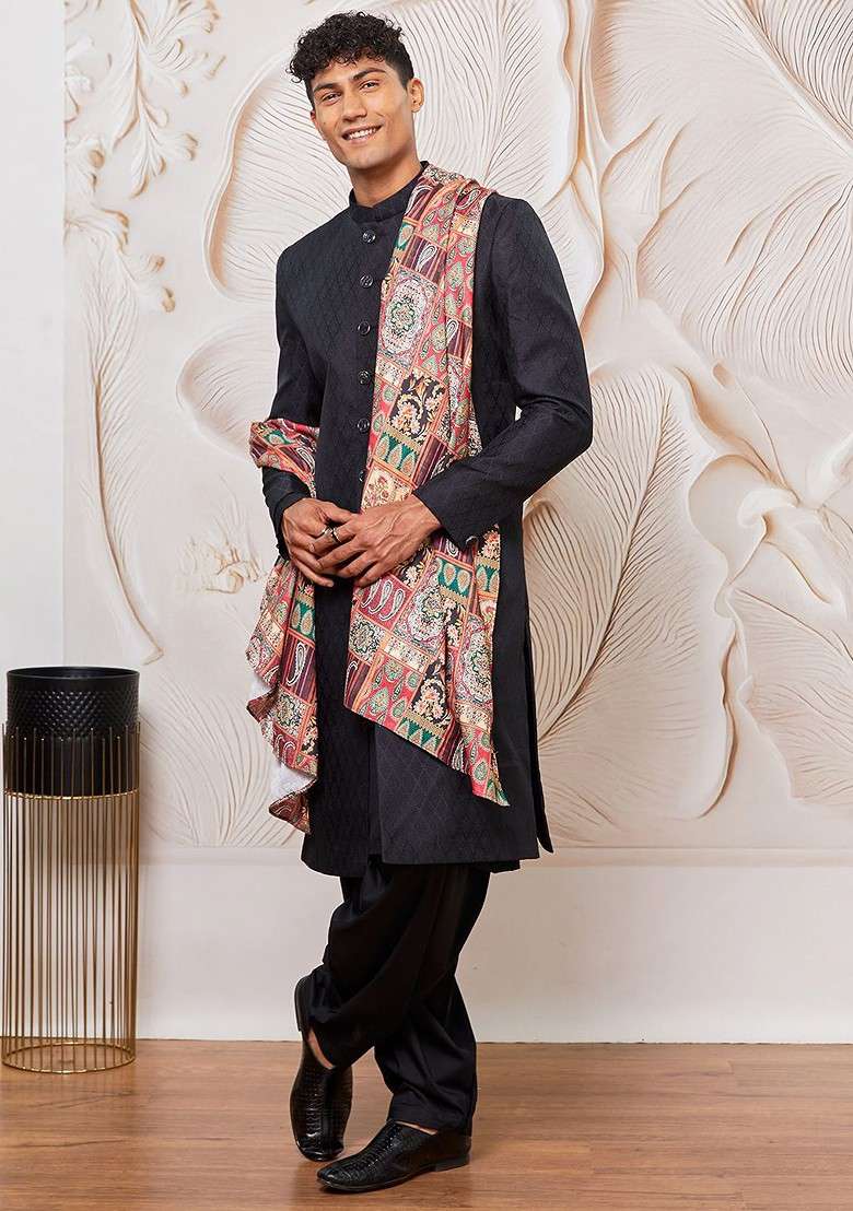 Black Embroidered Poly Blend Indowestern Sherwani Set For Men - Indya