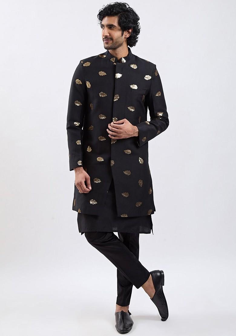 Black Sequin Work Poly Blend Indowestern Sherwani Set For Men