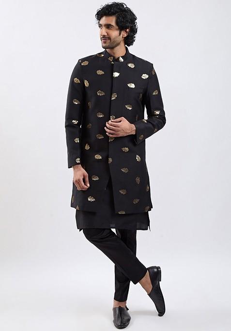 Black Sequin Work Poly Blend Indowestern Sherwani Set For Men