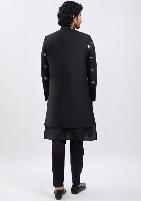 Black Sequin Work Poly Blend Indowestern Sherwani Set For Men