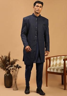 Navy Blue Solid Poly Blend Indowestern Sherwani Set For Men
