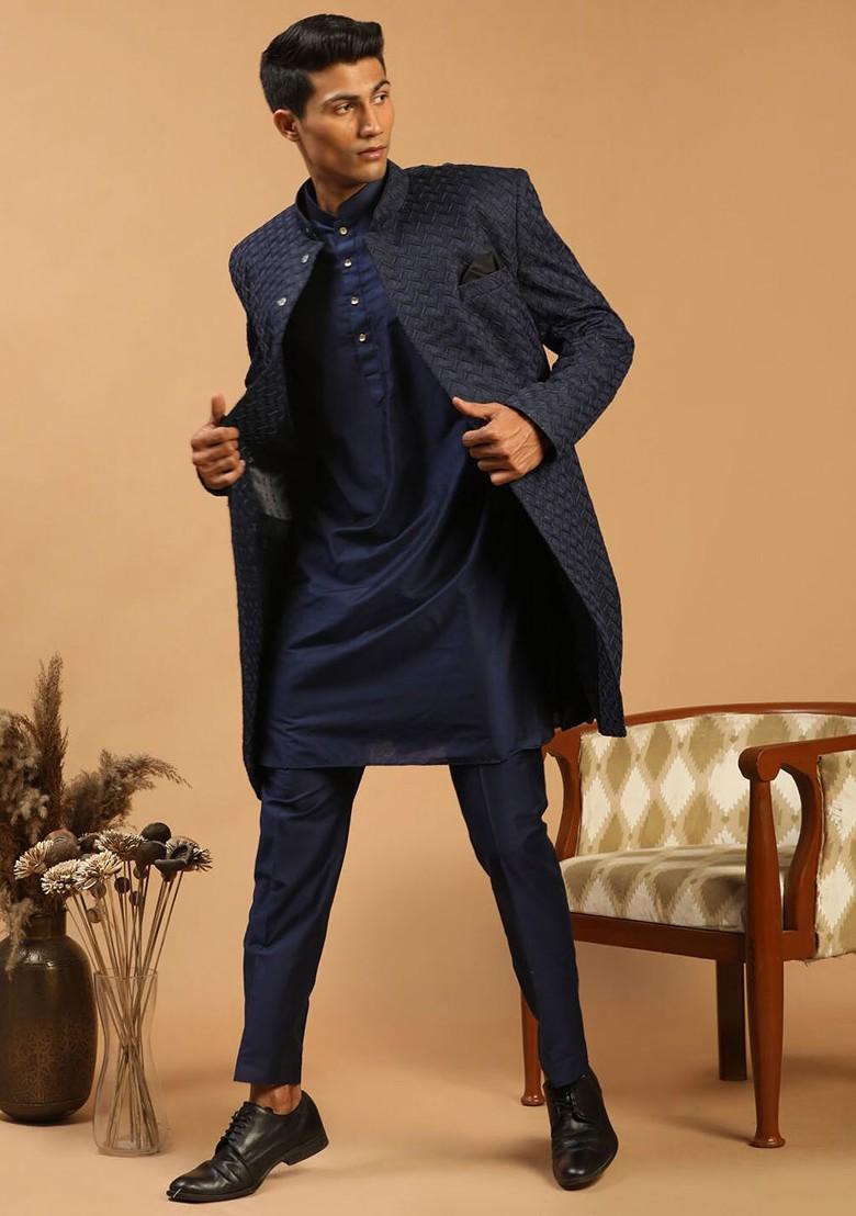 Navy Blue Solid Poly Blend Indowestern Sherwani Set For Men