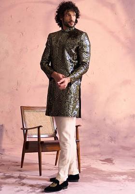 Black Embellished Poly Blend Indowestern Sherwani Set For Men