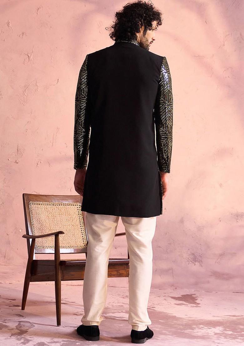 Black Embellished Poly Blend Indowestern Sherwani Set For Men