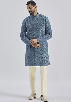 Grey Embroidered Poly Blend Indowestern Sherwani Set For Men
