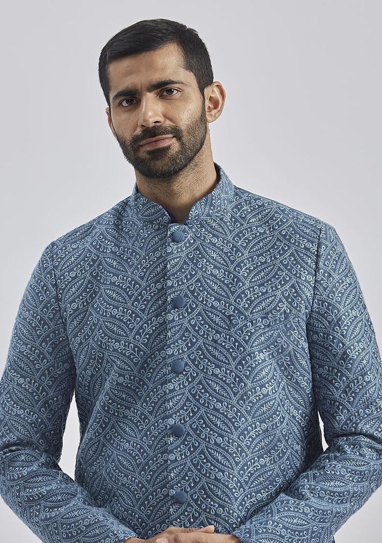 Grey Embroidered Poly Blend Indowestern Sherwani Set For Men