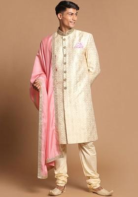Beige Solid Silk Indowestern Sherwani Set For Men