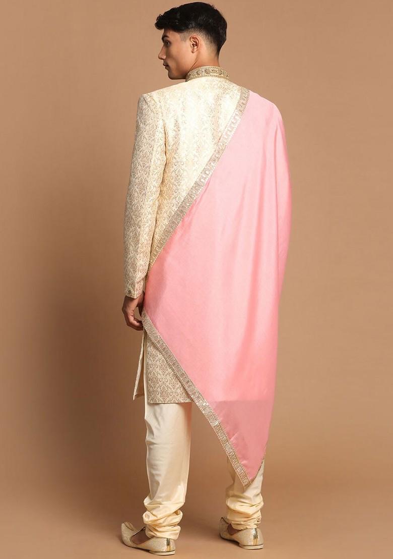 Beige Solid Silk Indowestern Sherwani Set For Men