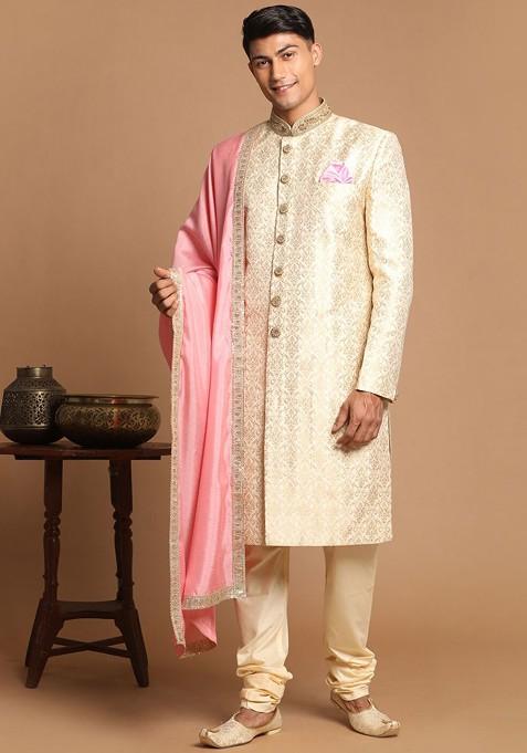 Beige Solid Silk Indowestern Sherwani Set For Men