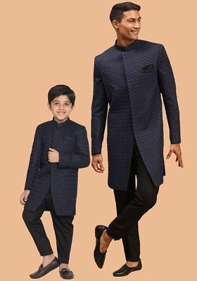 Navy Blue Embroidered Poly Blend Indowestern Sherwani Set For Men