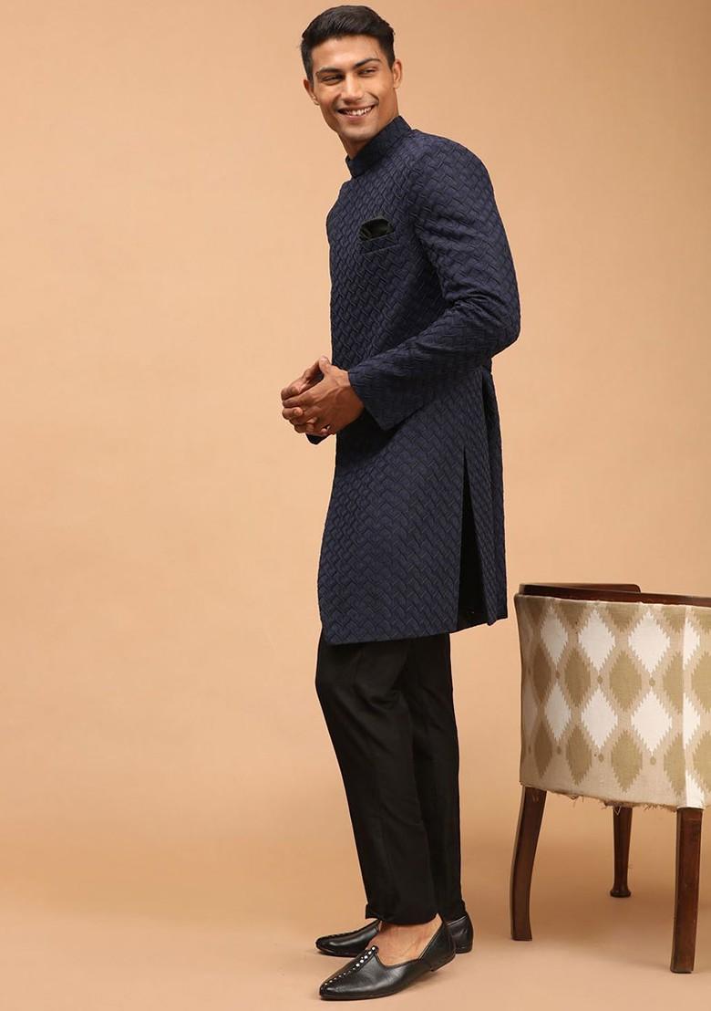 Navy Blue Embroidered Poly Blend Indowestern Sherwani Set For Men