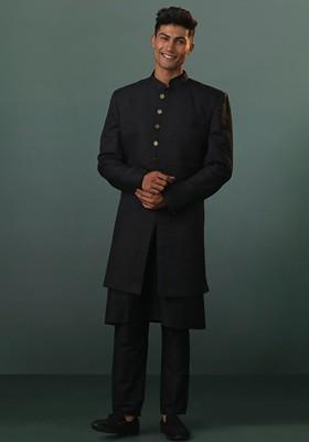 Black Solid Poly Blend Indowestern Sherwani Set For Men