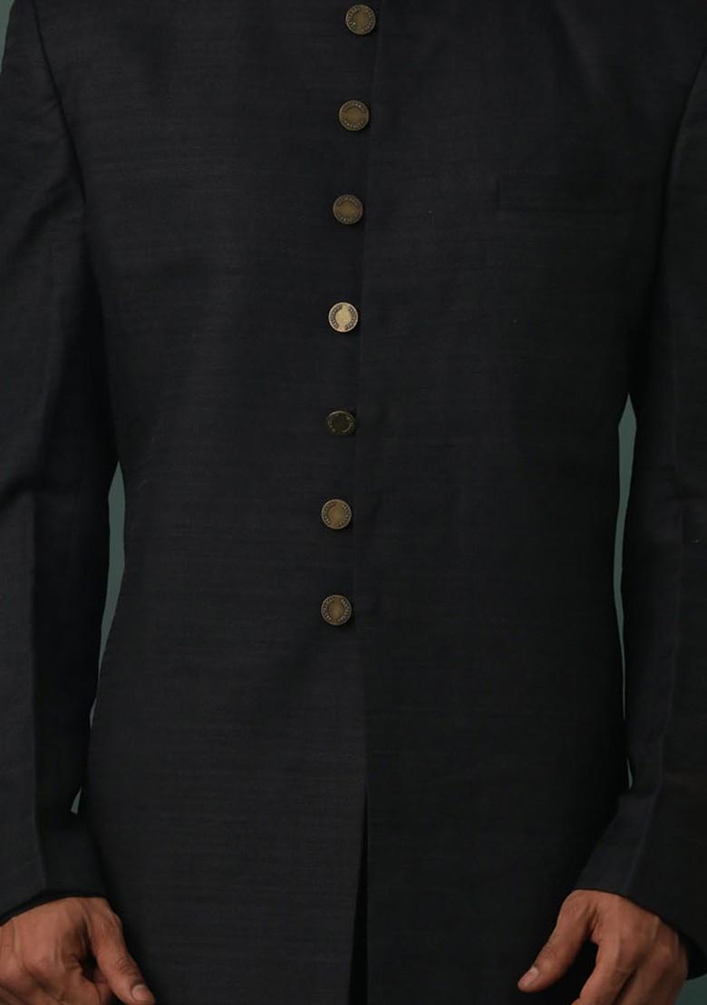 Black Solid Poly Blend Indowestern Sherwani Set For Men