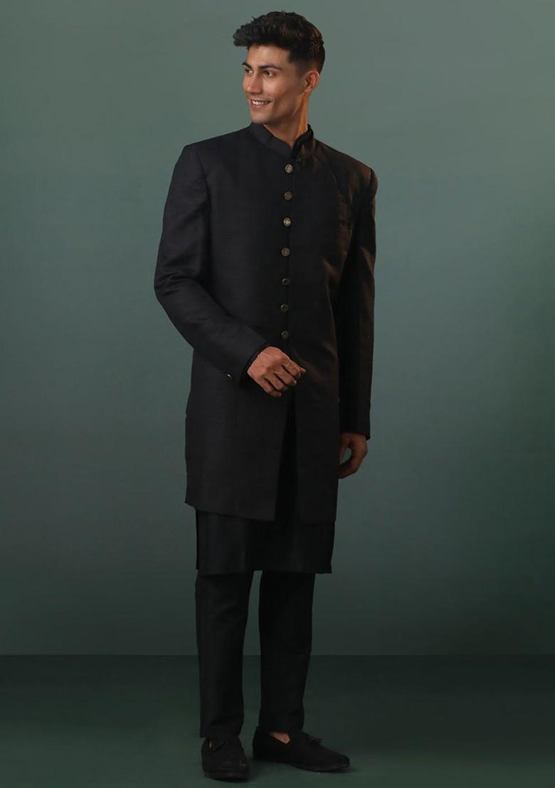 Black Solid Poly Blend Indowestern Sherwani Set For Men