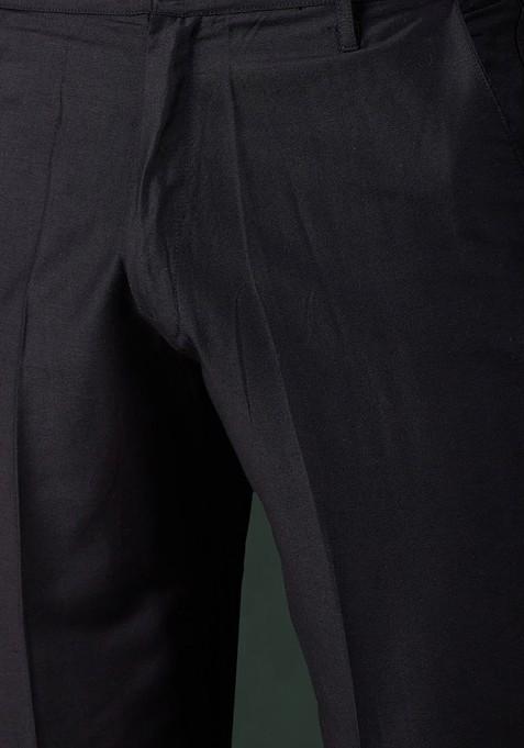 Black Solid Poly Blend Indowestern Sherwani Set For Men