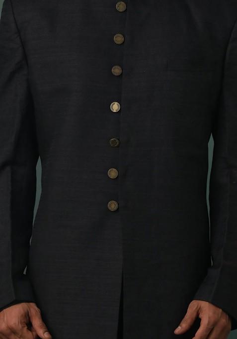 Black Solid Poly Blend Indowestern Sherwani Set For Men