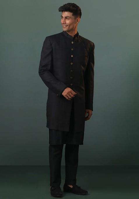 Black Solid Poly Blend Indowestern Sherwani Set For Men