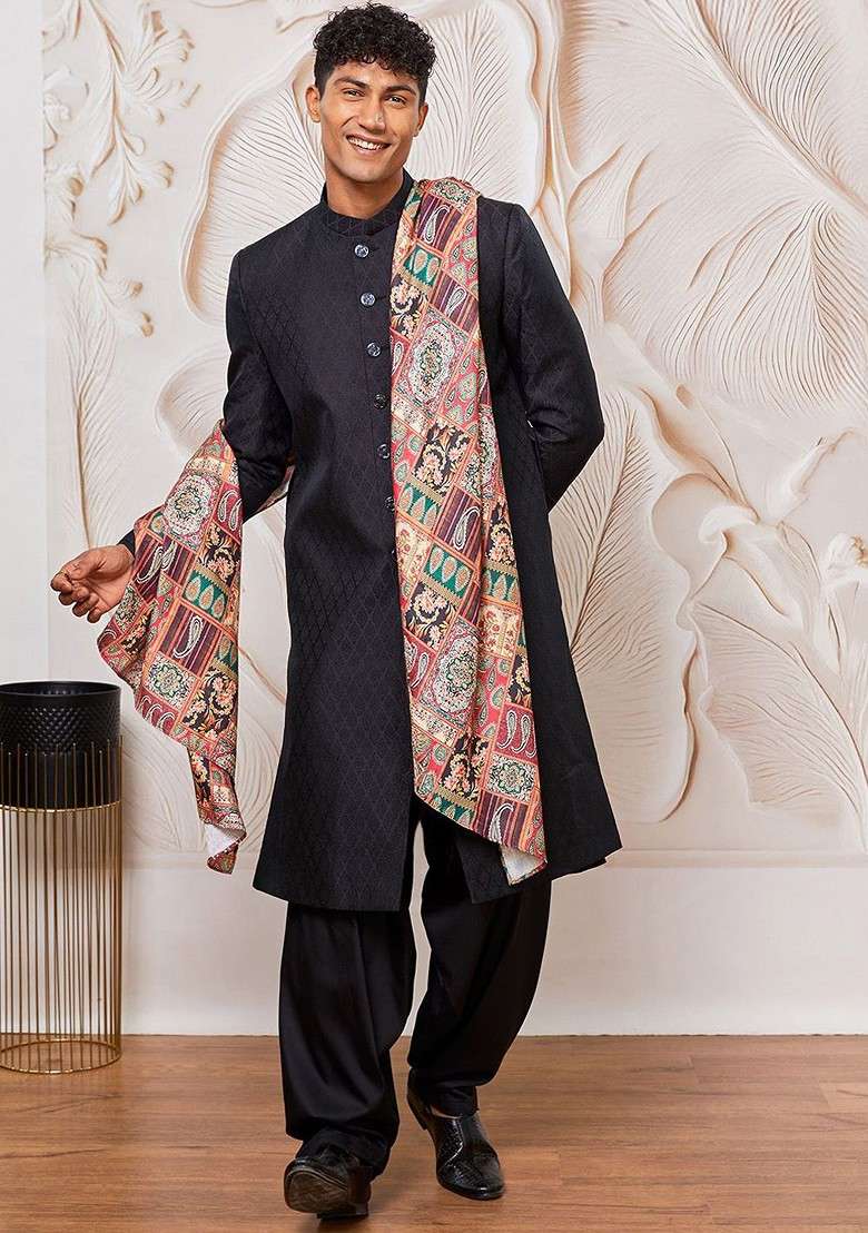 Black Printed Poly Blend Indowestern Sherwani Set For Men - Indya