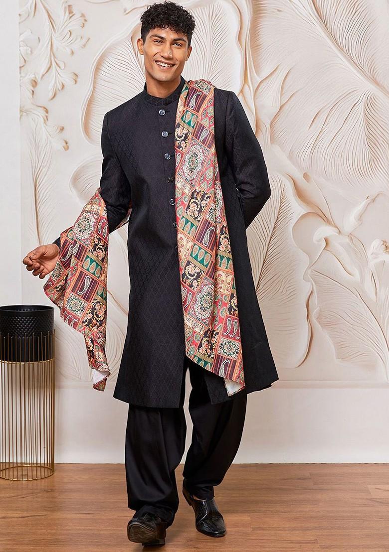 Black Printed Poly Blend Indowestern Sherwani Set For Men