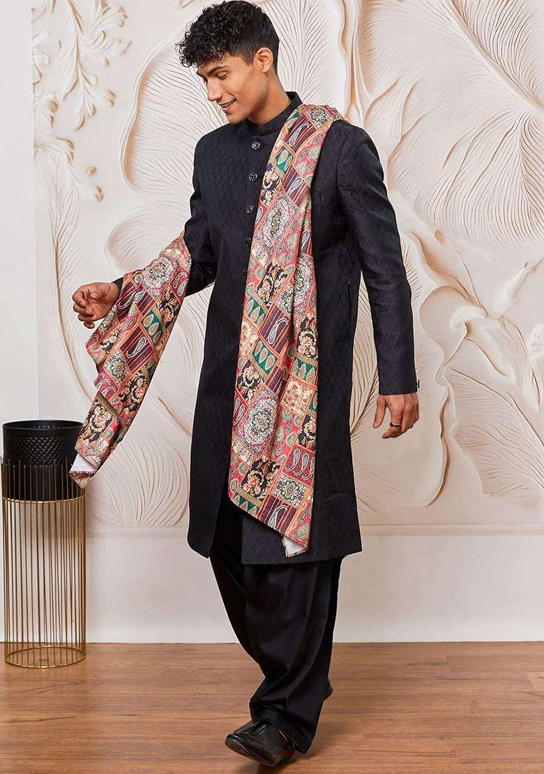 Black Printed Poly Blend Indowestern Sherwani Set For Men - Indya