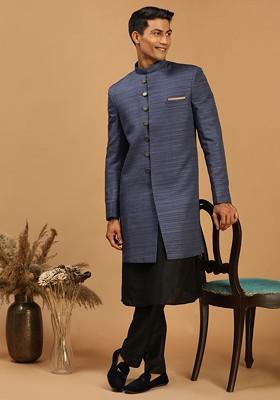 Blue Solid Poly Blend Indowestern Sherwani Set For Men