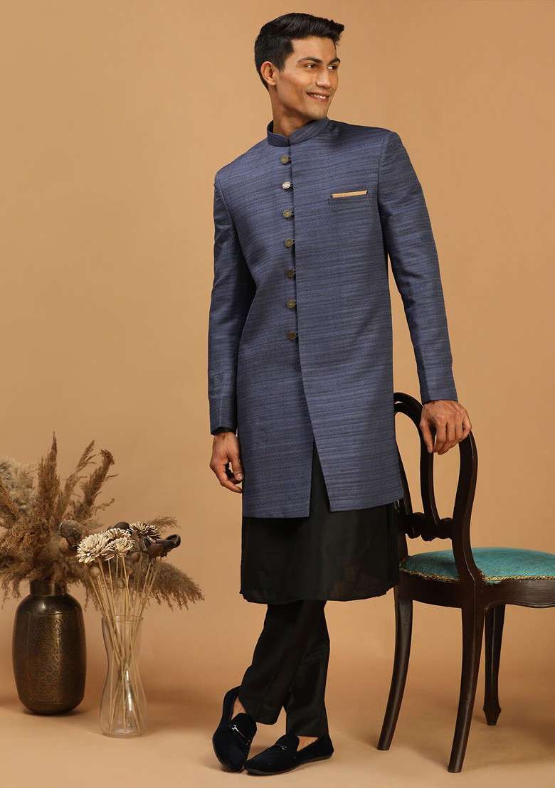 Blue Solid Poly Blend Indowestern Sherwani Set For Men - Indya