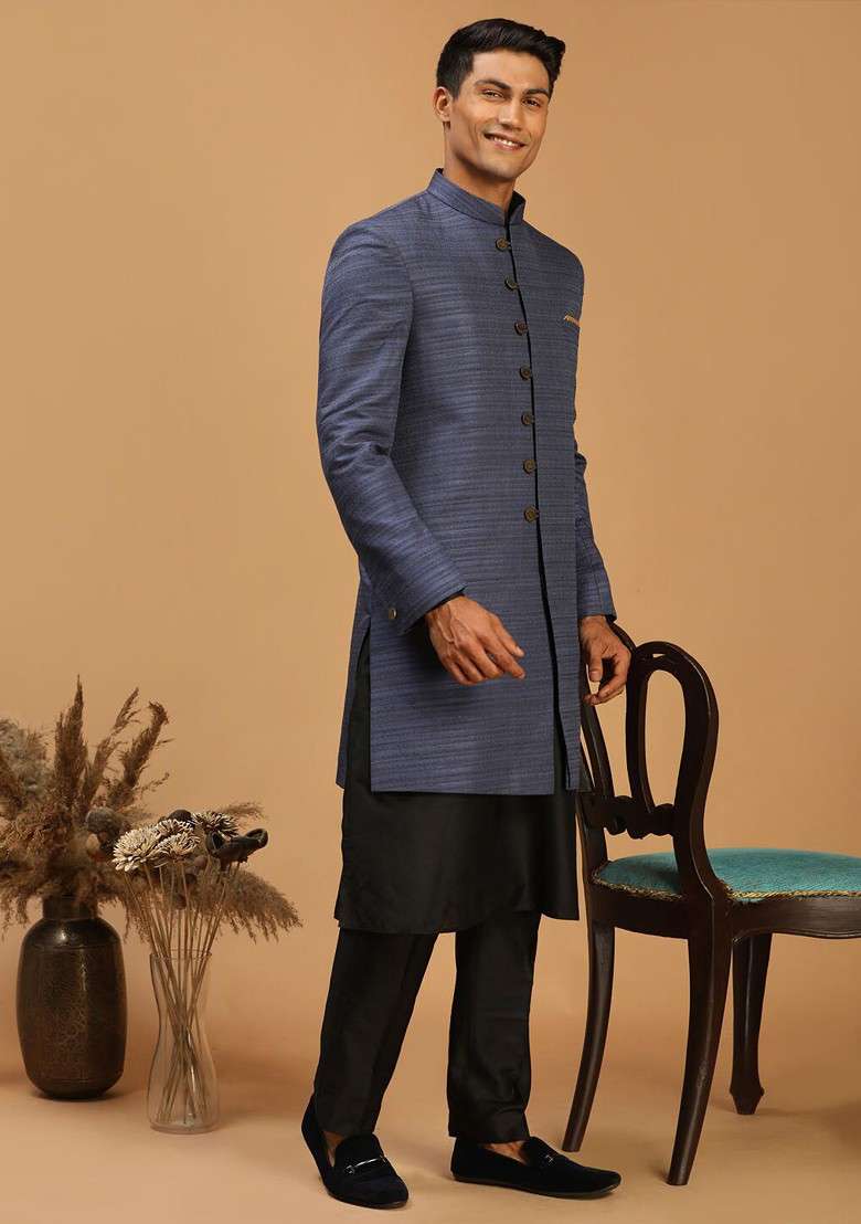 Blue Solid Poly Blend Indowestern Sherwani Set For Men - Indya