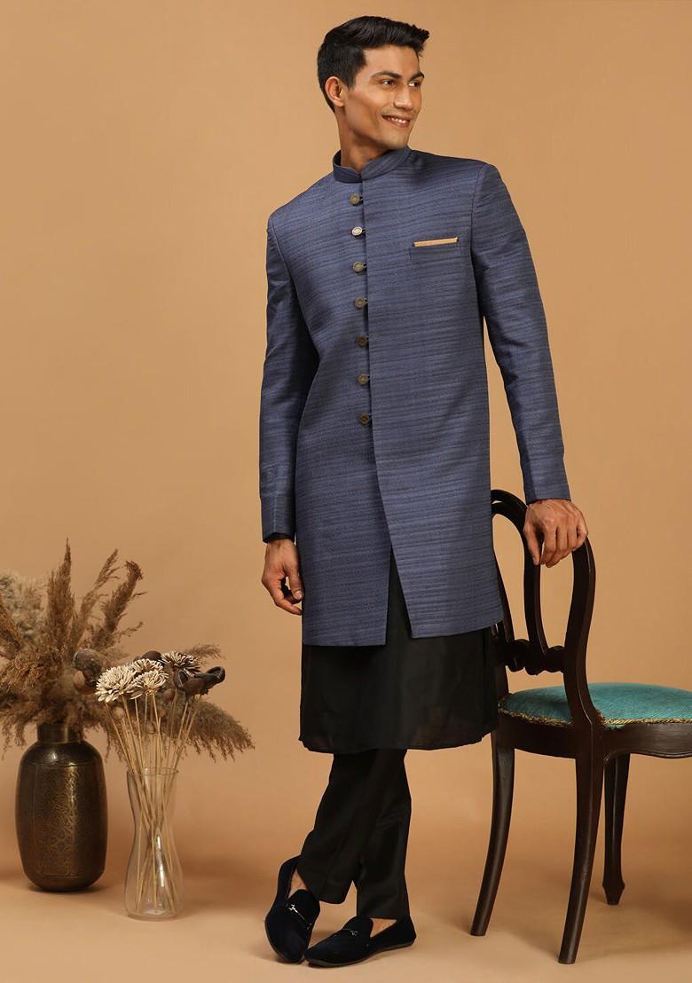 Blue Solid Poly Blend Indowestern Sherwani Set For Men