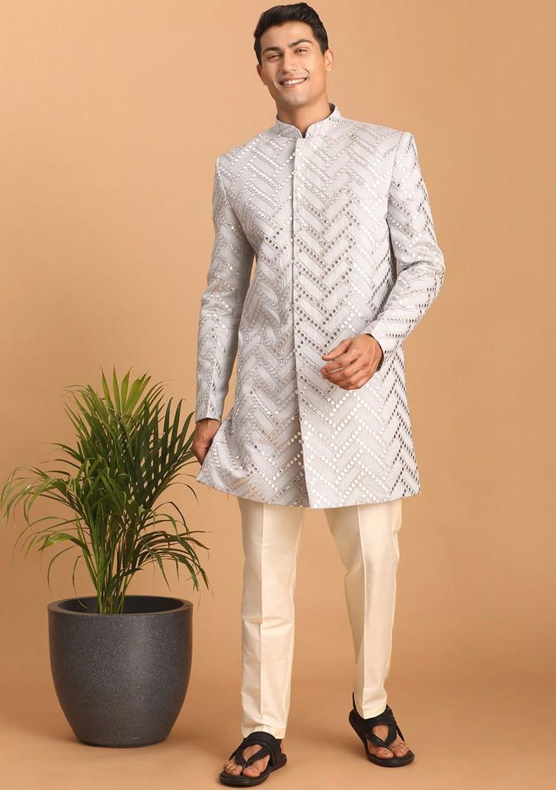 White Mirror Work Poly Blend Indowestern Sherwani Set For Men