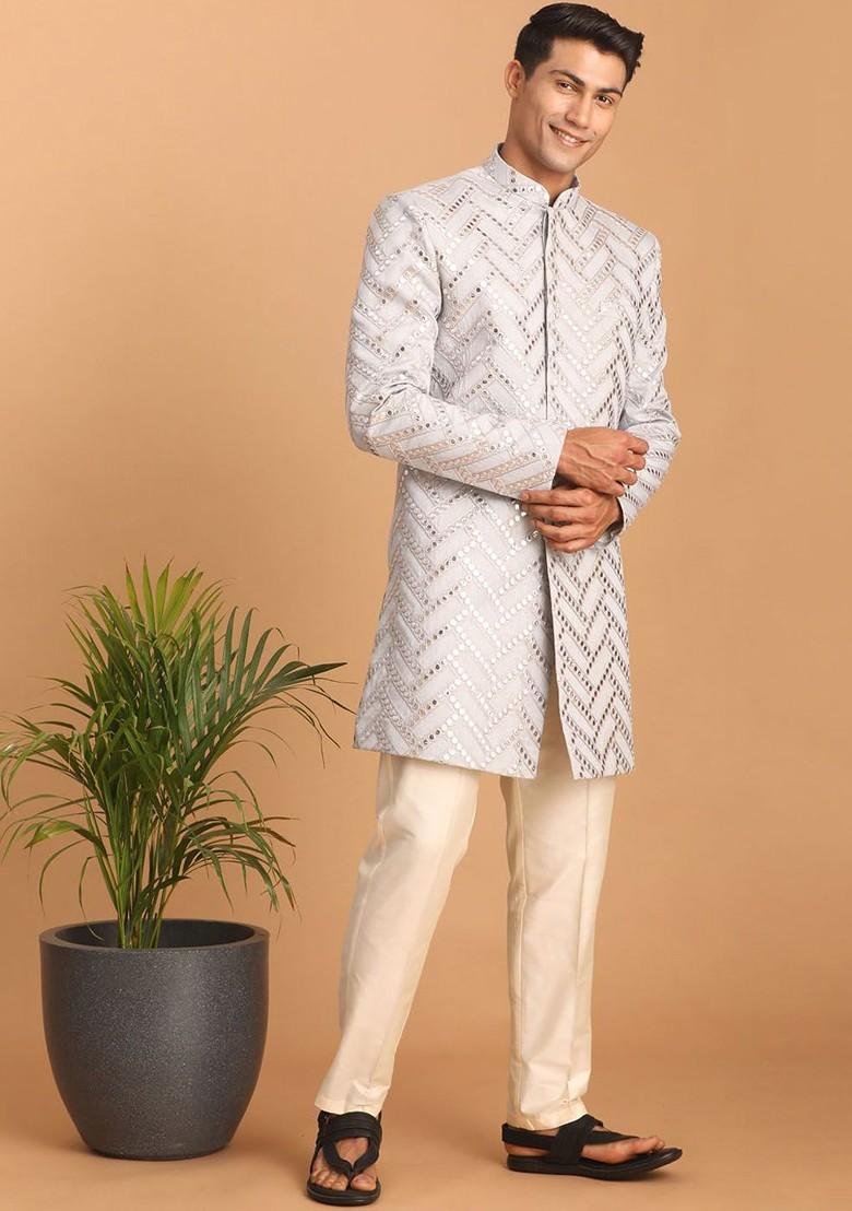 White Mirror Work Poly Blend Indowestern Sherwani Set For Men