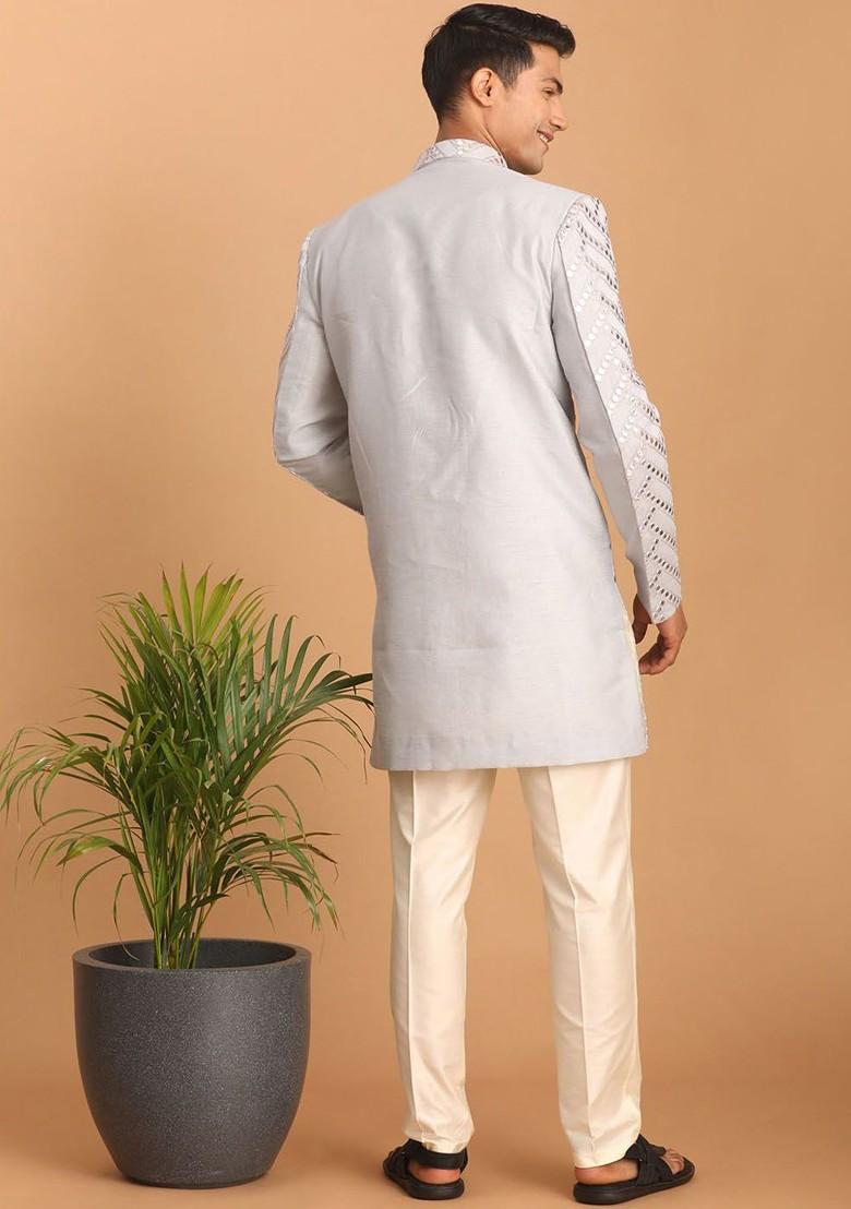 White Mirror Work Poly Blend Indowestern Sherwani Set For Men