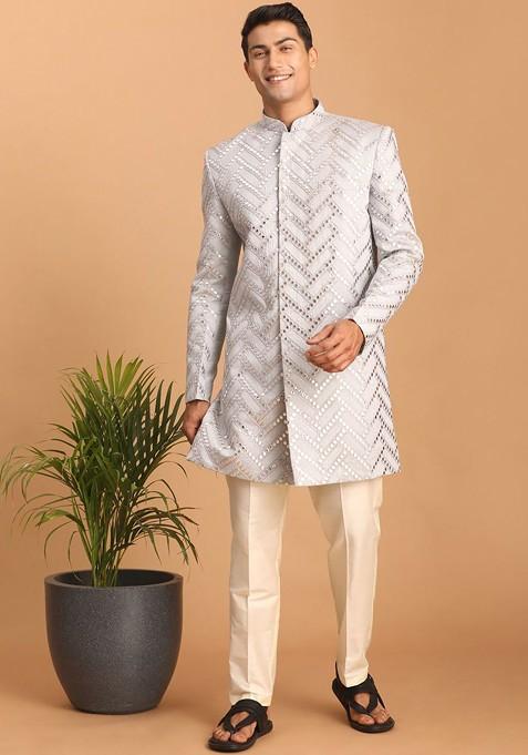 White Mirror Work Poly Blend Indowestern Sherwani Set For Men