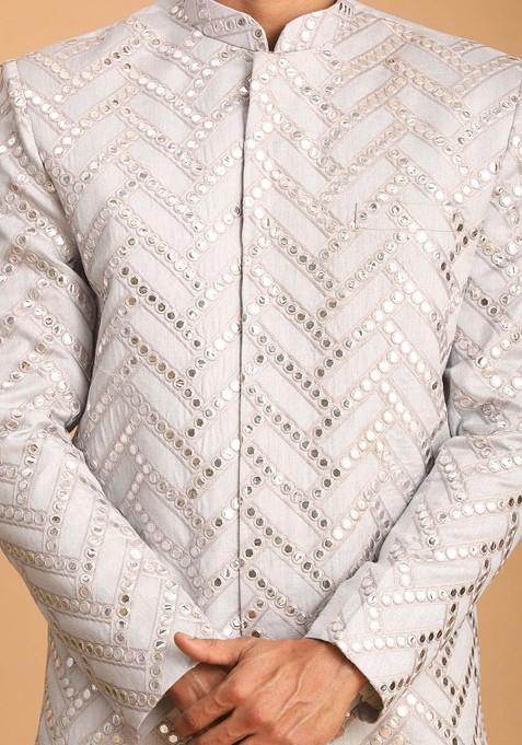 White Mirror Work Poly Blend Indowestern Sherwani Set For Men