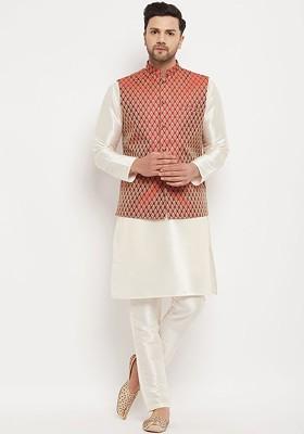 Cream Woven Poly Blend Kurta Set For Men
