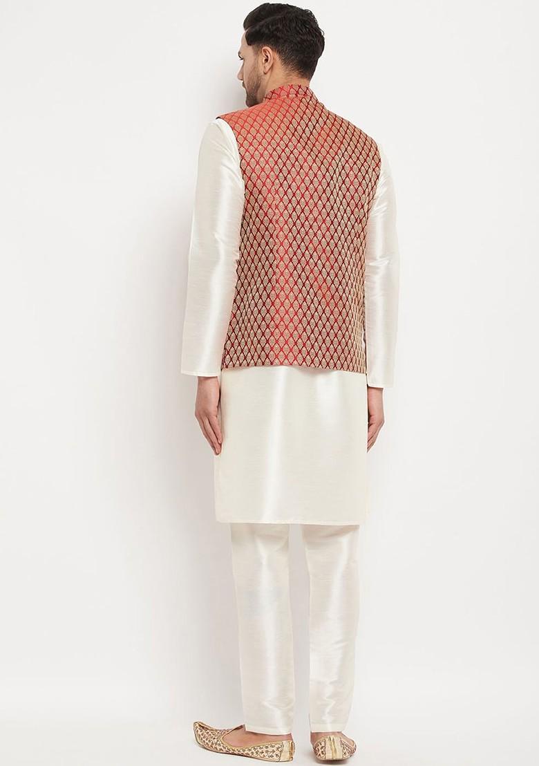 Cream Woven Poly Blend Kurta Set For Men
