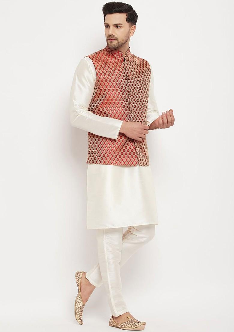 Cream Woven Poly Blend Kurta Set For Men
