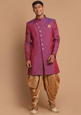 Purple Solid Poly Blend Indowestern Sherwani Set For Men