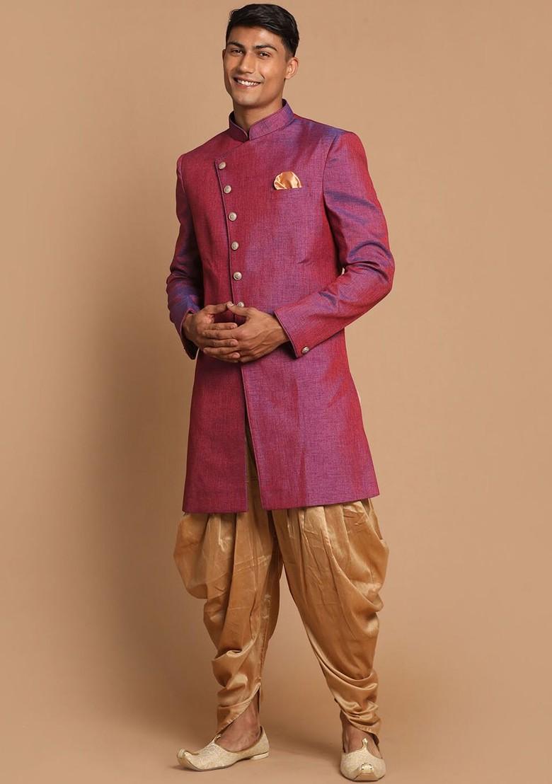 Purple Solid Poly Blend Indowestern Sherwani Set For Men