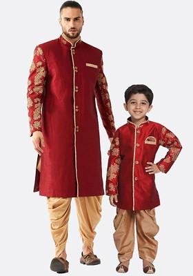 Maroon Embroidered Poly Blend Indowestern Sherwani Set For Men