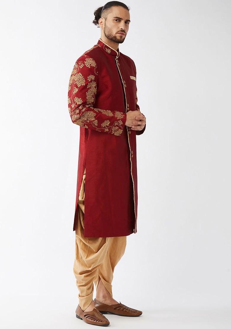 Maroon Embroidered Poly Blend Indowestern Sherwani Set For Men