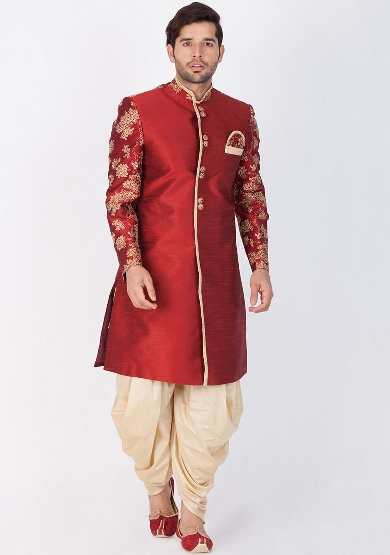 Maroon Floral Print Poly Blend Indowestern Sherwani Set For Men