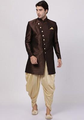 Coffee Brown Woven Poly Blend Indowestern Sherwani Set For Men