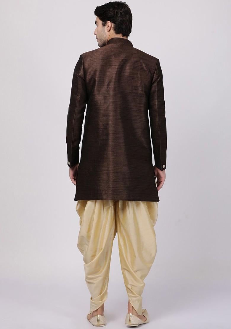 Coffee Brown Woven Poly Blend Indowestern Sherwani Set For Men