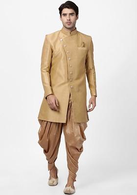 Beige Solid Silk Indowestern Sherwani Set For Men