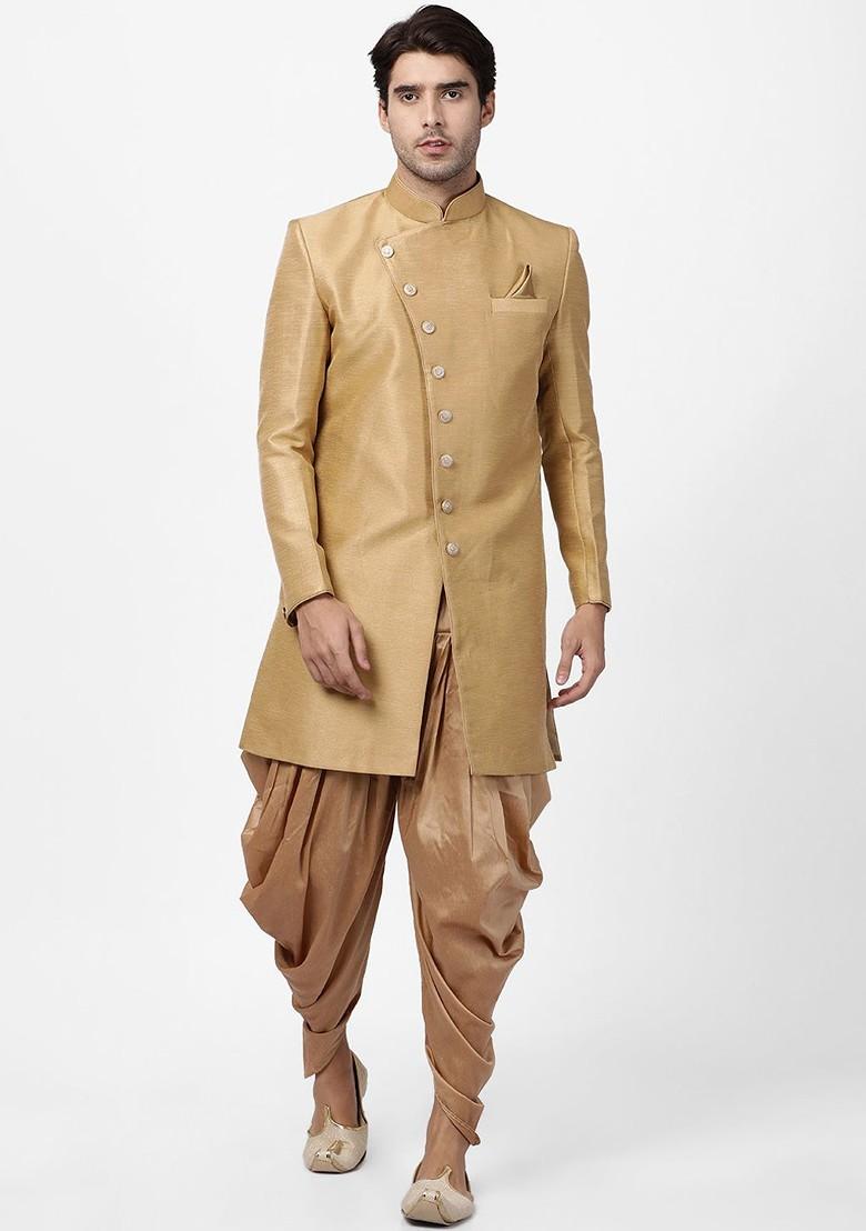 Beige Solid Silk Indowestern Sherwani Set For Men